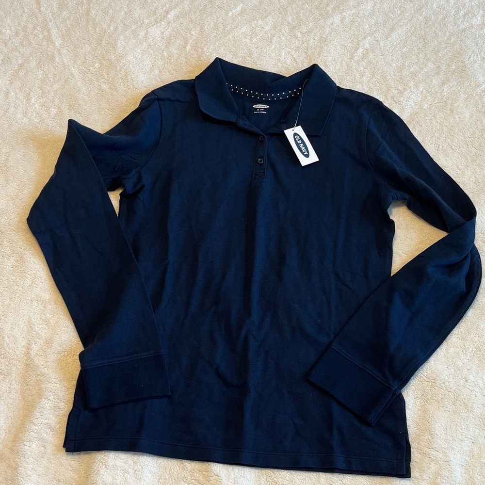 NWT Old Navy Girls Navy Blue Long Sleeve Polo Preppy Collar Buttons Size XL